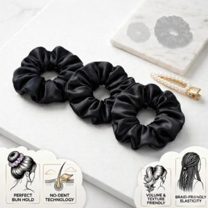 Satin Scrunchies for Women (Pack of 3) – No Hair Breakage, Soft Silk Feel Hair Bands, Strong Elastic Ponytail Holders for Daily Use (Black)