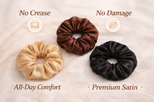 Satin Silk Scrunchies for Hair – 3 Pack (Champagne, Brown, Black) – Soft Elastic Hair Ties, No Crease, No Damage, Anti-Breakage Ponytail Holders for Women & Girls