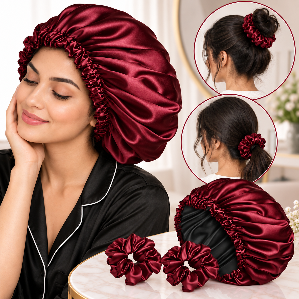 Satin Bonnet with 2 Satin Scrunchies Combo Set